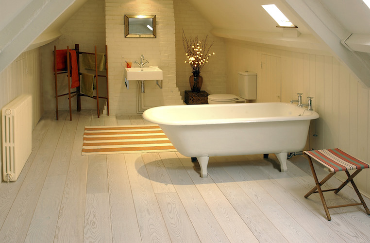 solid hardwood flooring, bathroom, white-washed